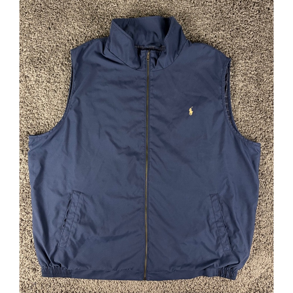 Polo Ralph Lauren Mens 3XLT Navy Blue Full Zip Golf Vest Windowpane Lined